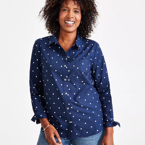 STYLE & CO MACY'S Navy Blue Polka Dot Printed Cotton Button Front Shirt Small - Picture 1 of 3